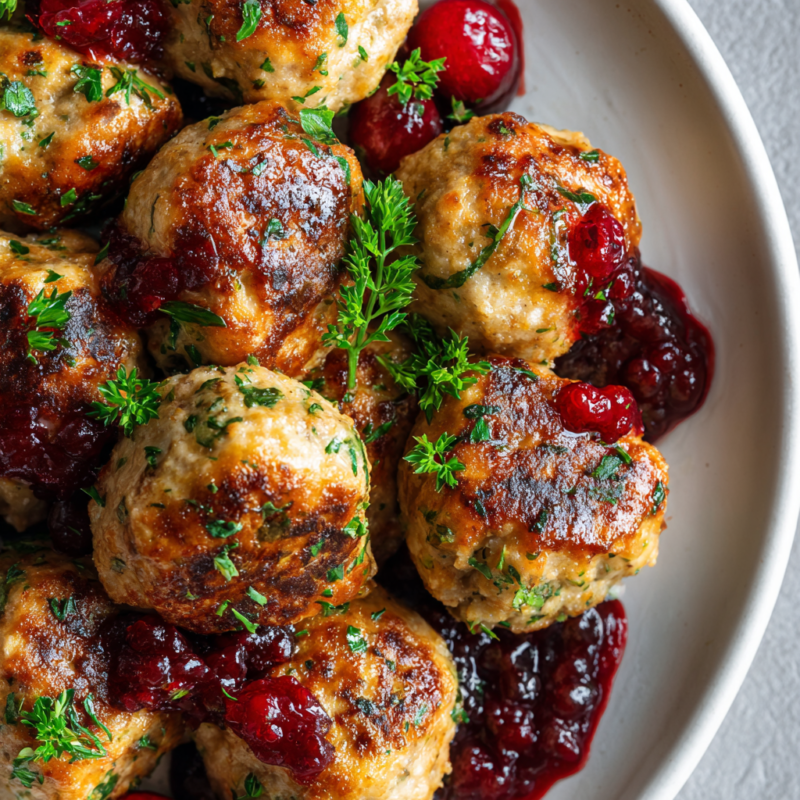 Delicious Thanksgiving Turkey Meatballs recipe made with ground turkey, cranberry sauce, and seasonal herbs for a festive holiday dish.