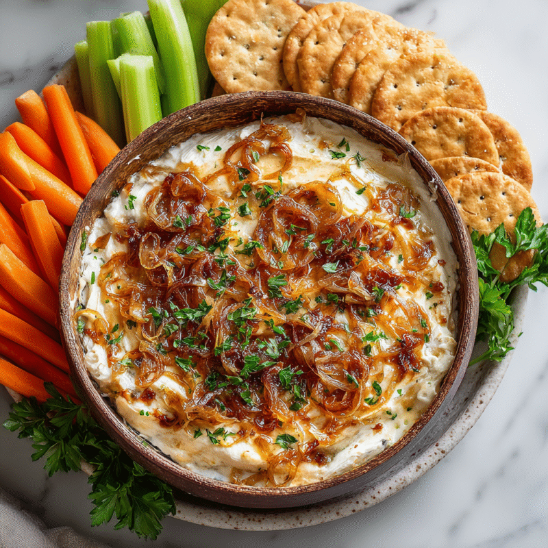 Delicious caramelized onion dip served in a bowl, perfect for parties and gatherings, made with creamy ingredients and rich caramelized onions.