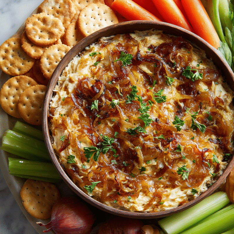 Delicious caramelized onion dip served in a bowl, perfect for parties and gatherings, made with creamy ingredients and rich caramelized onions.