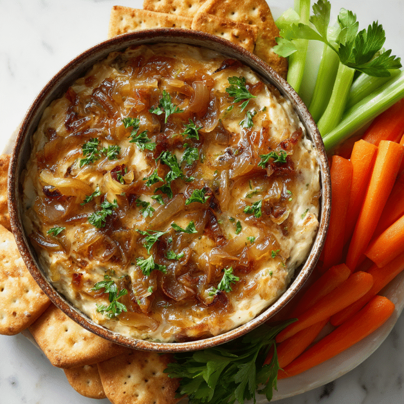 Delicious caramelized onion dip served in a bowl, perfect for parties and gatherings, made with creamy ingredients and rich caramelized onions.