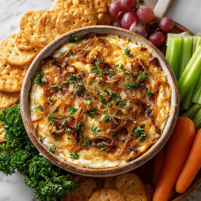 Delicious caramelized onion dip served in a bowl, perfect for parties and gatherings, made with creamy ingredients and rich caramelized onions.