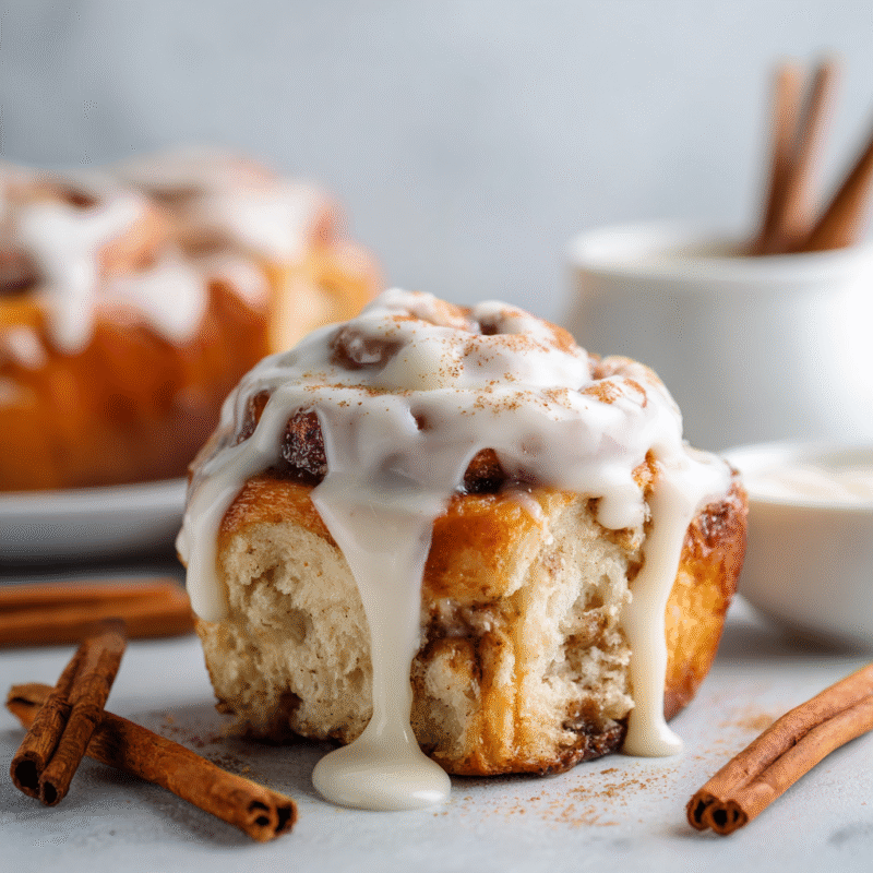 Delicious cinnamon roll icing drizzled on warm cinnamon rolls, the perfect dessert treat for holidays, created in just 15 minutes.