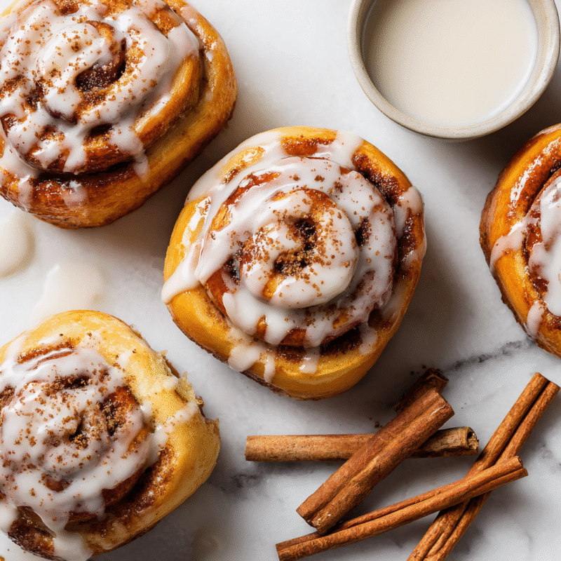 Delicious cinnamon roll icing drizzled on warm cinnamon rolls, the perfect dessert treat for holidays, created in just 15 minutes.