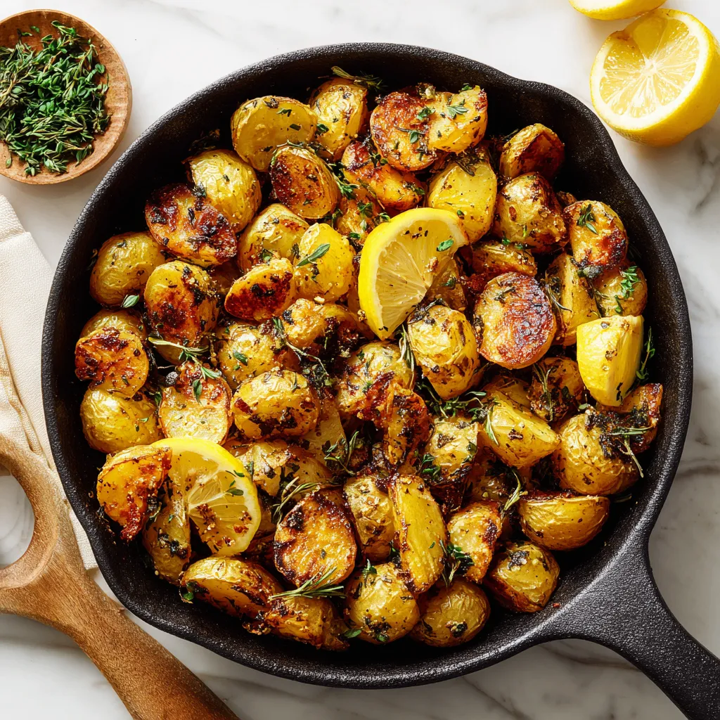 Delicious crispy Greek Lemon Oregano Potatoes, perfect for holiday meals with zesty flavors and a cozy presentation, comforting Mediterranean dish.