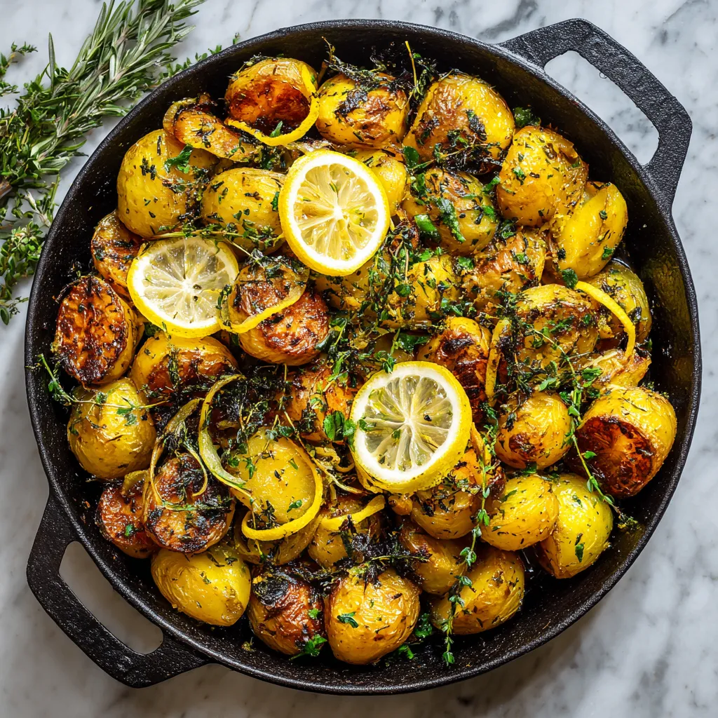 Delicious crispy Greek Lemon Oregano Potatoes, perfect for holiday meals with zesty flavors and a cozy presentation, comforting Mediterranean dish.