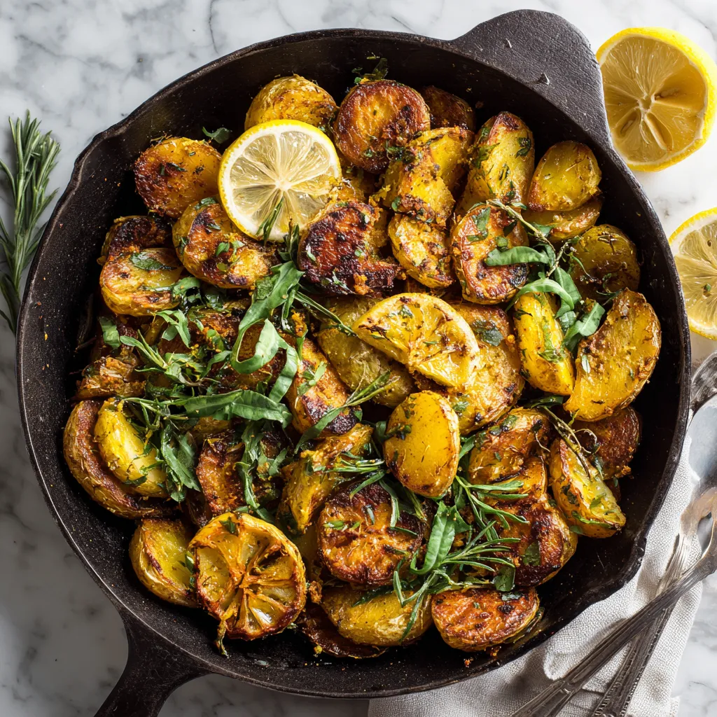 Delicious crispy Greek Lemon Oregano Potatoes, perfect for holiday meals with zesty flavors and a cozy presentation, comforting Mediterranean dish.