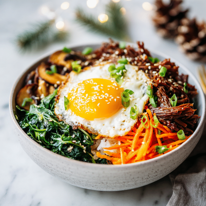 Delicious quick Korean Bibimbap with marinated beef, colorful vegetables, and a fried egg for a cozy and satisfying meal.