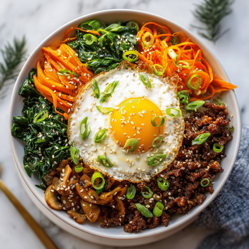Delicious quick Korean Bibimbap with marinated beef, colorful vegetables, and a fried egg for a cozy and satisfying meal.