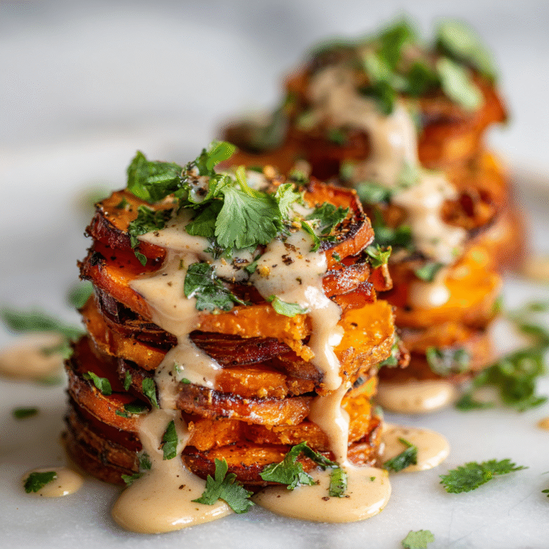 Delicious roasted sweet potato stacks with chipotle sauce, perfect for autumn holiday meals, featuring vibrant colors and seasonal flavors.