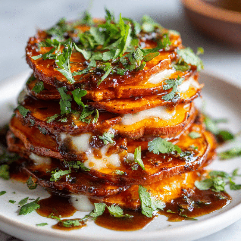 Delicious roasted sweet potato stacks with chipotle sauce, perfect for autumn holiday meals, featuring vibrant colors and seasonal flavors.