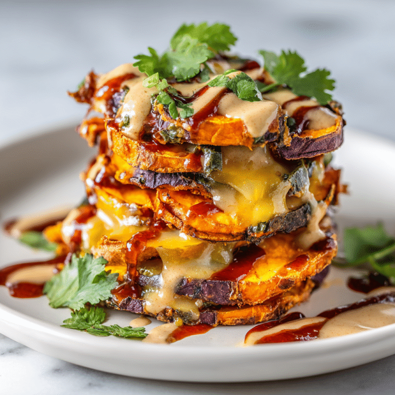 Delicious roasted sweet potato stacks with chipotle sauce, perfect for autumn holiday meals, featuring vibrant colors and seasonal flavors.
