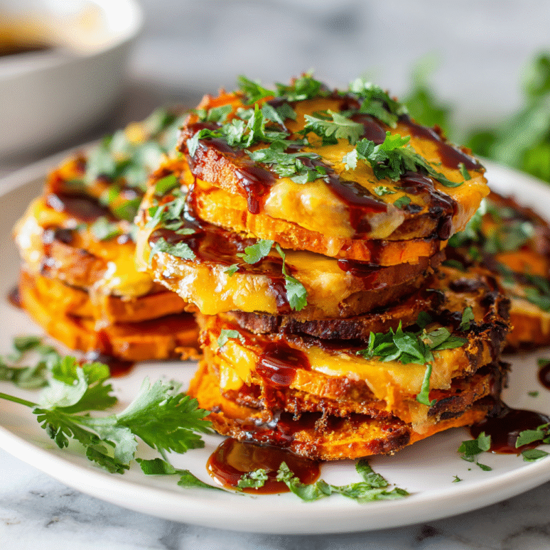 Delicious roasted sweet potato stacks with chipotle sauce, perfect for autumn holiday meals, featuring vibrant colors and seasonal flavors.