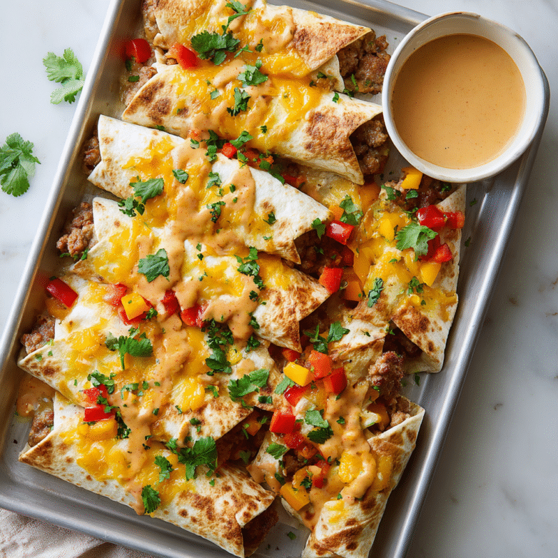 Delicious sheet pan breakfast burritos with eggs, sausage, and creamy chipotle sauce, perfect for holiday brunches.