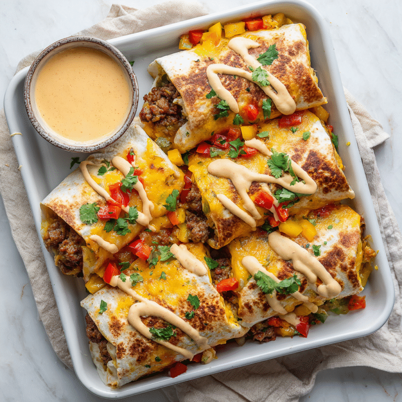 Delicious sheet pan breakfast burritos with eggs, sausage, and creamy chipotle sauce, perfect for holiday brunches.