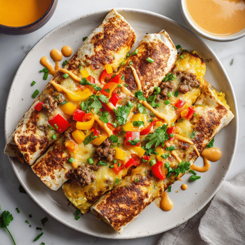 Delicious sheet pan breakfast burritos with eggs, sausage, and creamy chipotle sauce, perfect for holiday brunches.