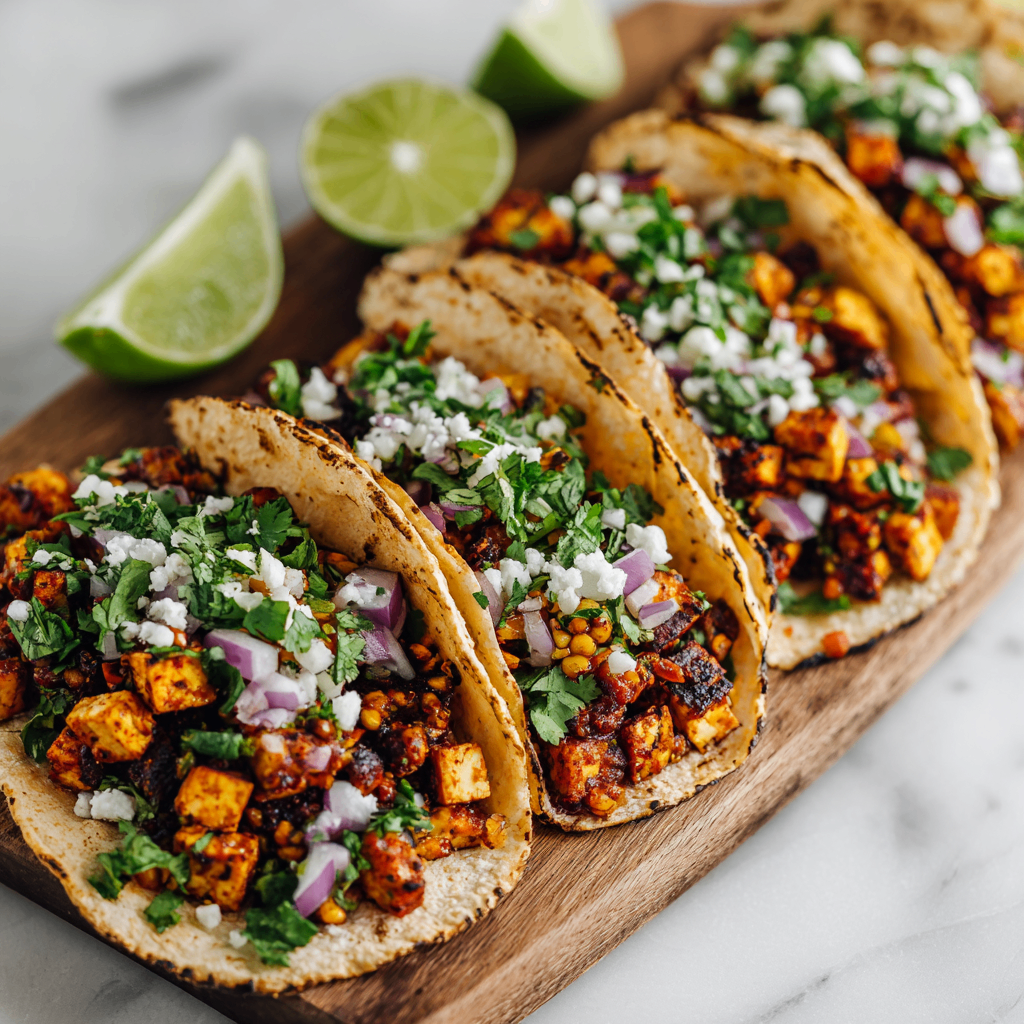Delicious shredded tofu tacos with fresh toppings, perfect for gatherings, hearty yet healthy alternative to traditional meat tacos.