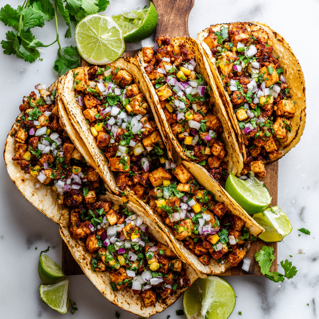 Delicious shredded tofu tacos with fresh toppings, perfect for gatherings, hearty yet healthy alternative to traditional meat tacos.
