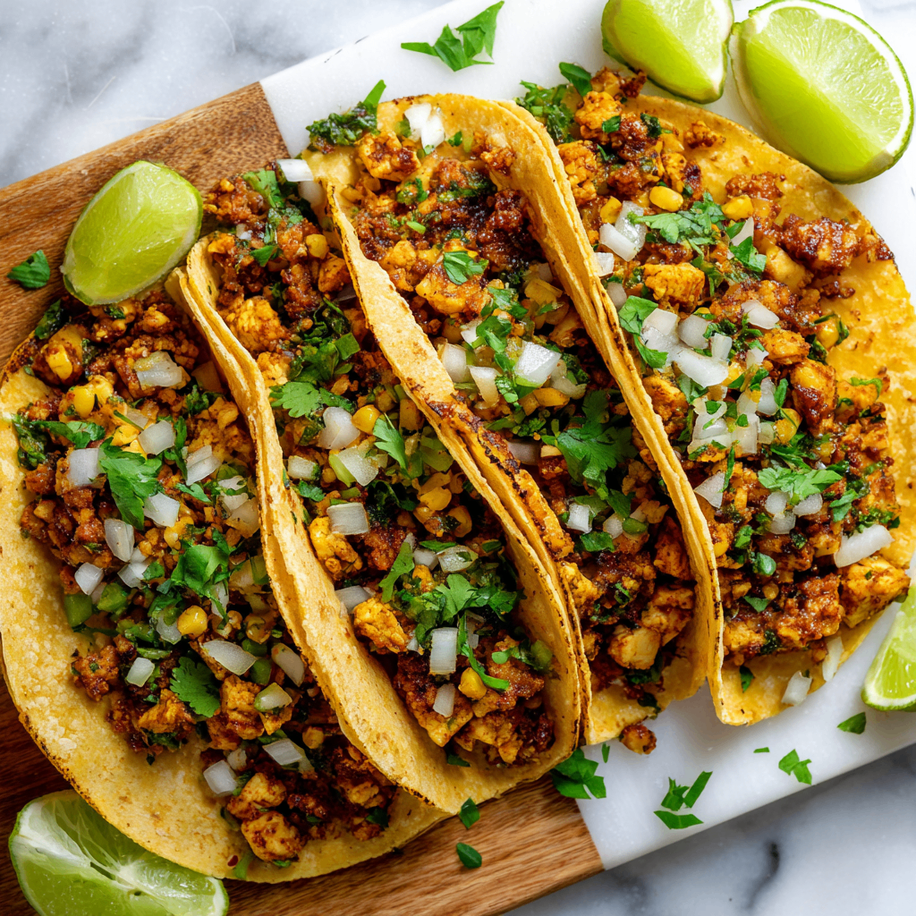 Delicious shredded tofu tacos with fresh toppings, perfect for gatherings, hearty yet healthy alternative to traditional meat tacos.