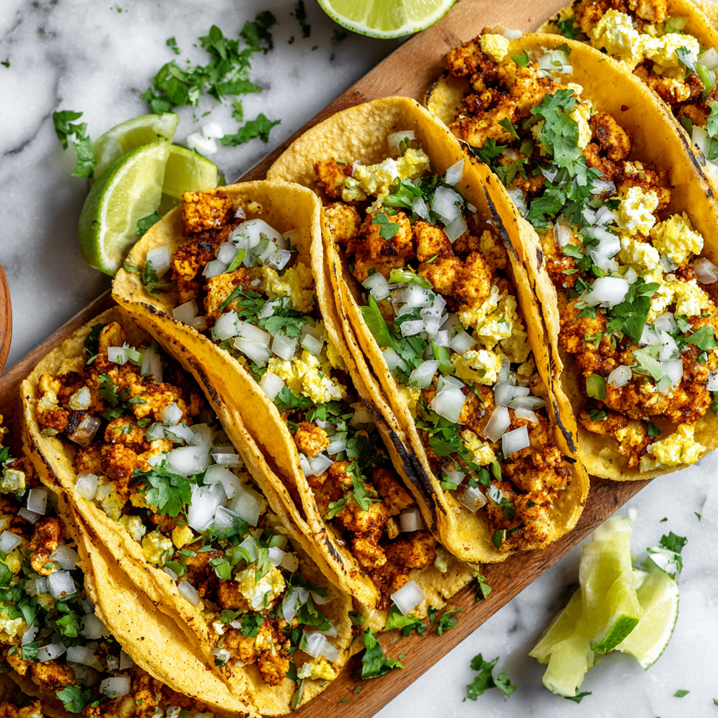 Delicious shredded tofu tacos with fresh toppings, perfect for gatherings, hearty yet healthy alternative to traditional meat tacos.