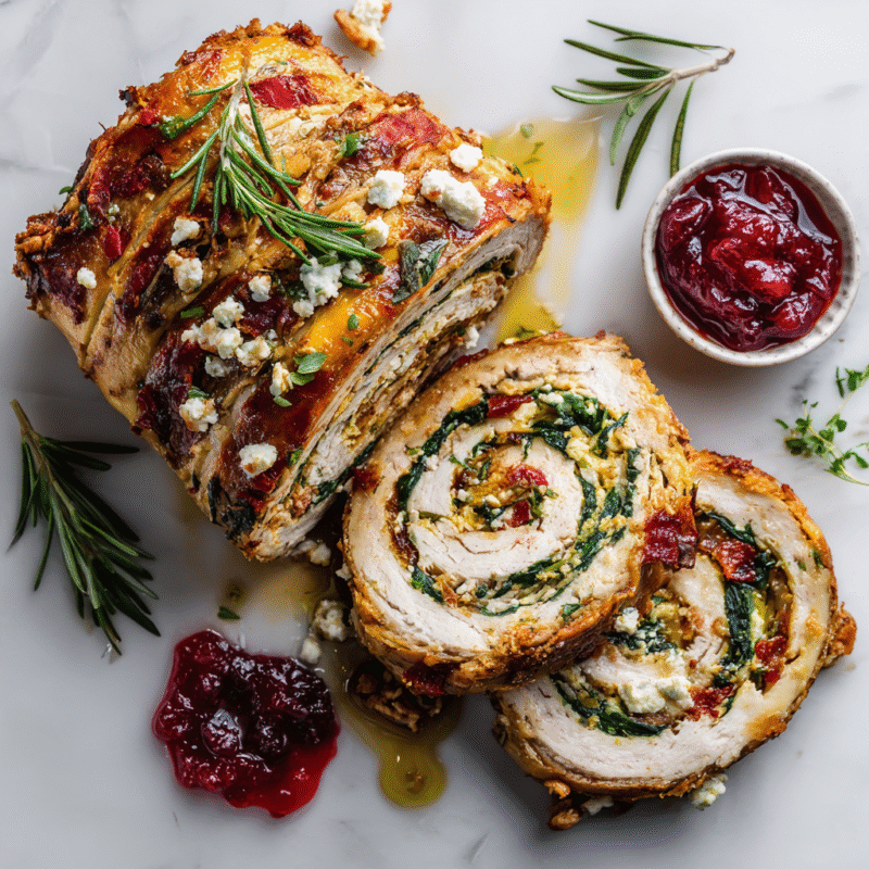 Delicious turkey roulade with spinach and feta, a perfect centerpiece for holidays, showcasing seasonal flavors and festive presentation.