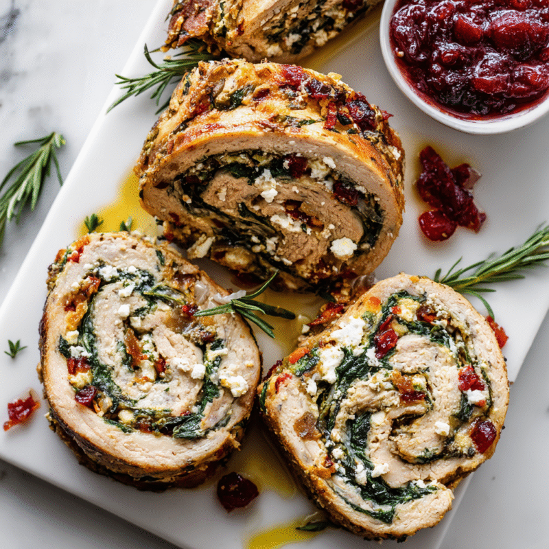 Delicious turkey roulade with spinach and feta, a perfect centerpiece for holidays, showcasing seasonal flavors and festive presentation.
