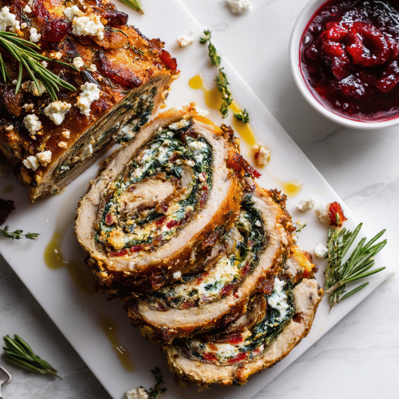 Delicious turkey roulade with spinach and feta, a perfect centerpiece for holidays, showcasing seasonal flavors and festive presentation.