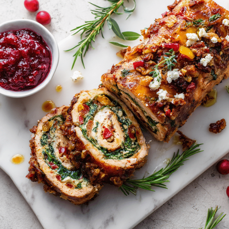 Delicious turkey roulade with spinach and feta, a perfect centerpiece for holidays, showcasing seasonal flavors and festive presentation.