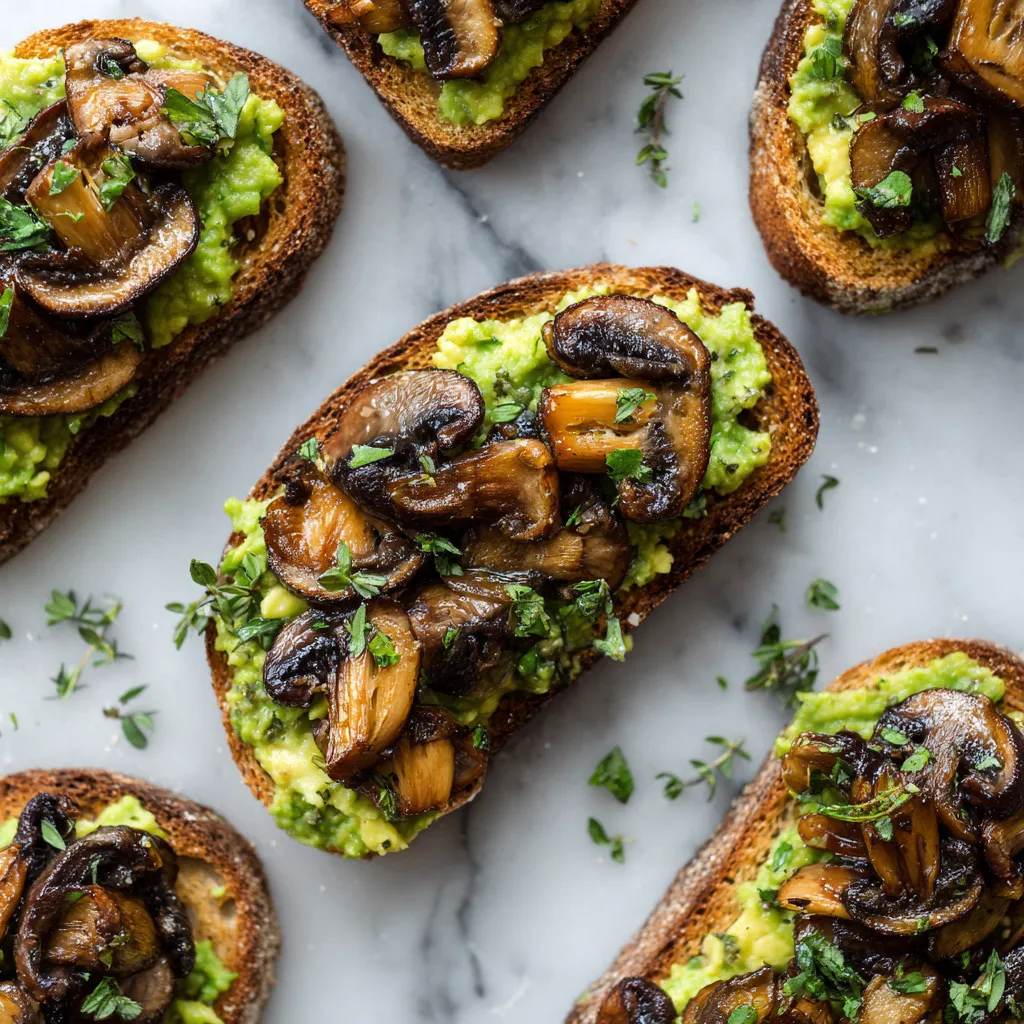 Garlic Mushroom Avocado Toast with creamy avocado spread and sautéed mushrooms, perfect for holiday appetizers or brunch.