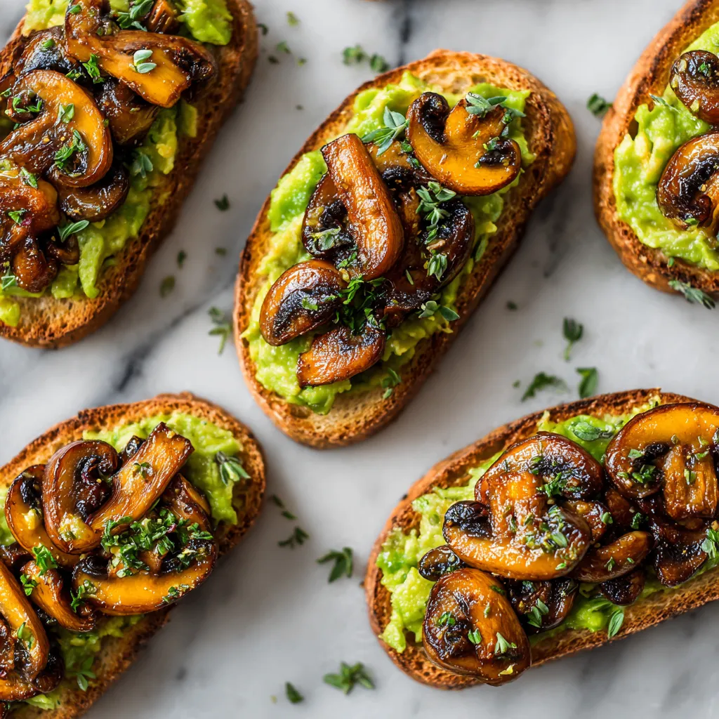 Garlic Mushroom Avocado Toast with creamy avocado spread and sautéed mushrooms, perfect for holiday appetizers or brunch.