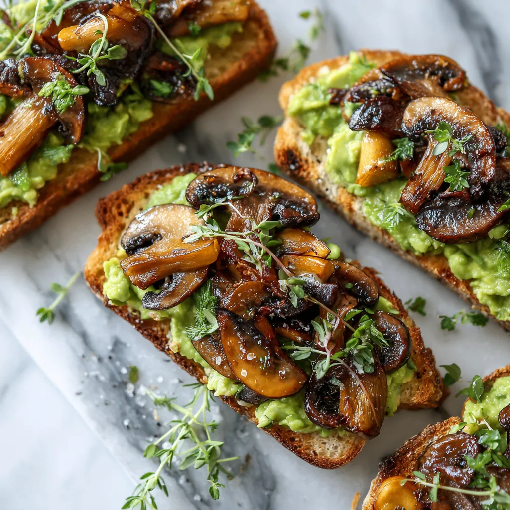 Garlic Mushroom Avocado Toast with creamy avocado spread and sautéed mushrooms, perfect for holiday appetizers or brunch.