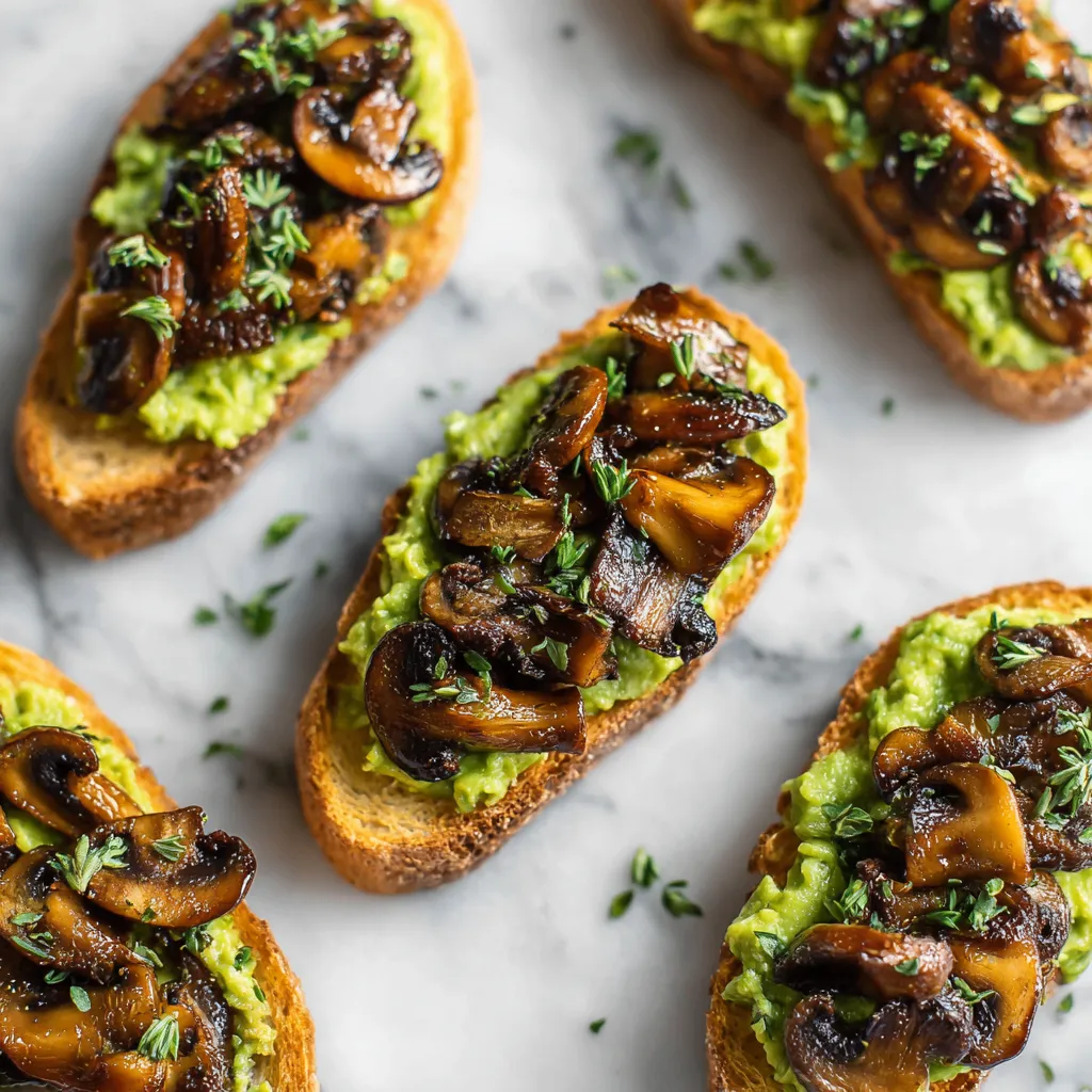 Garlic Mushroom Avocado Toast with creamy avocado spread and sautéed mushrooms, perfect for holiday appetizers or brunch.