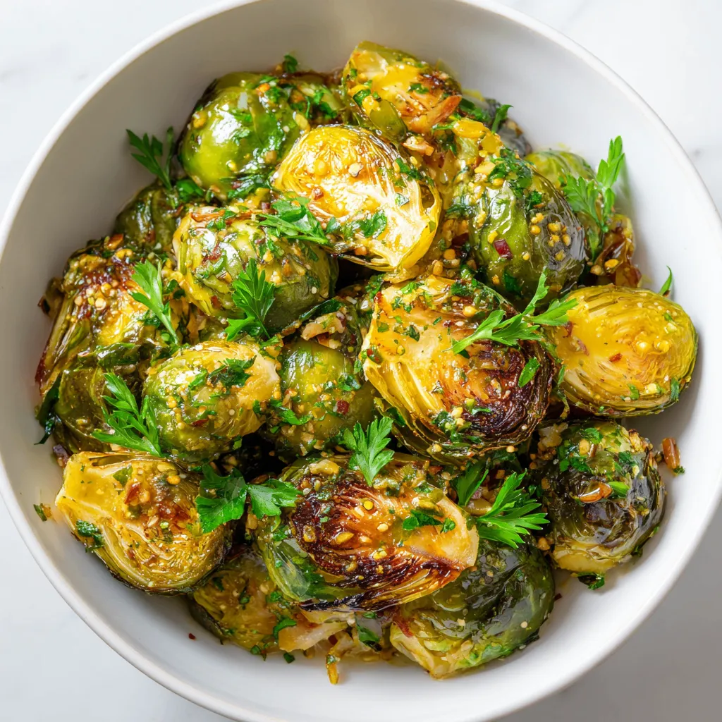 Garlic roasted Brussels sprouts with lemon mustard parsley dressing served warm, a zesty and healthy side dish for festive dinners.