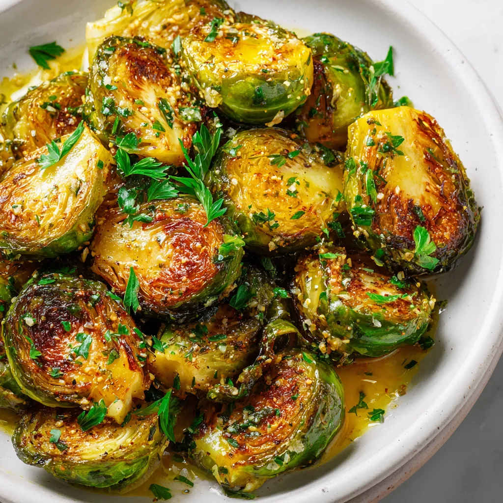Garlic roasted Brussels sprouts with lemon mustard parsley dressing served warm, a zesty and healthy side dish for festive dinners.