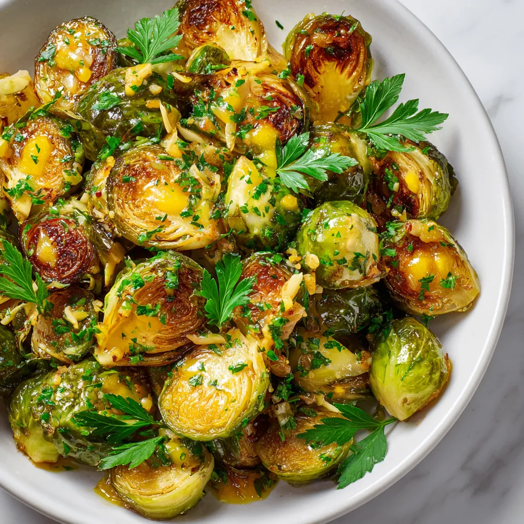 Garlic roasted Brussels sprouts with lemon mustard parsley dressing served warm, a zesty and healthy side dish for festive dinners.