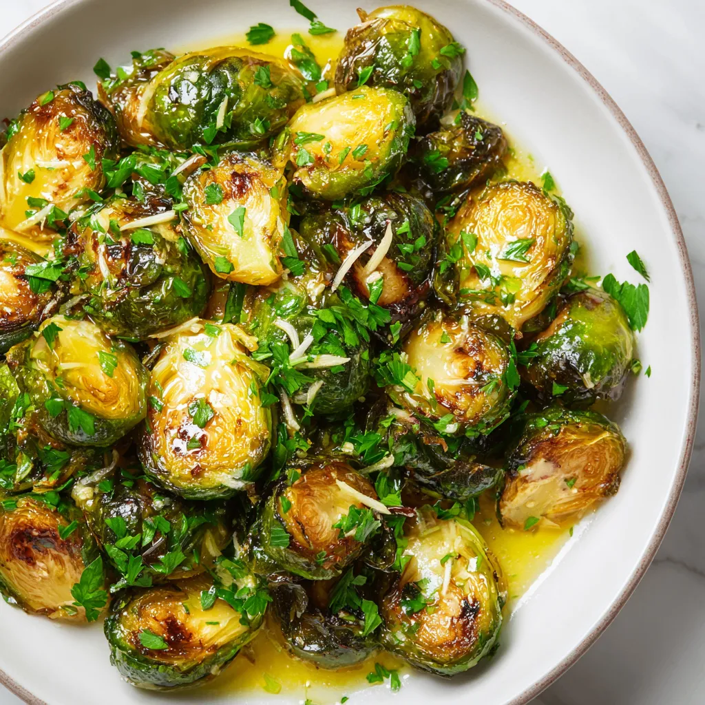 Garlic roasted Brussels sprouts with lemon mustard parsley dressing served warm, a zesty and healthy side dish for festive dinners.