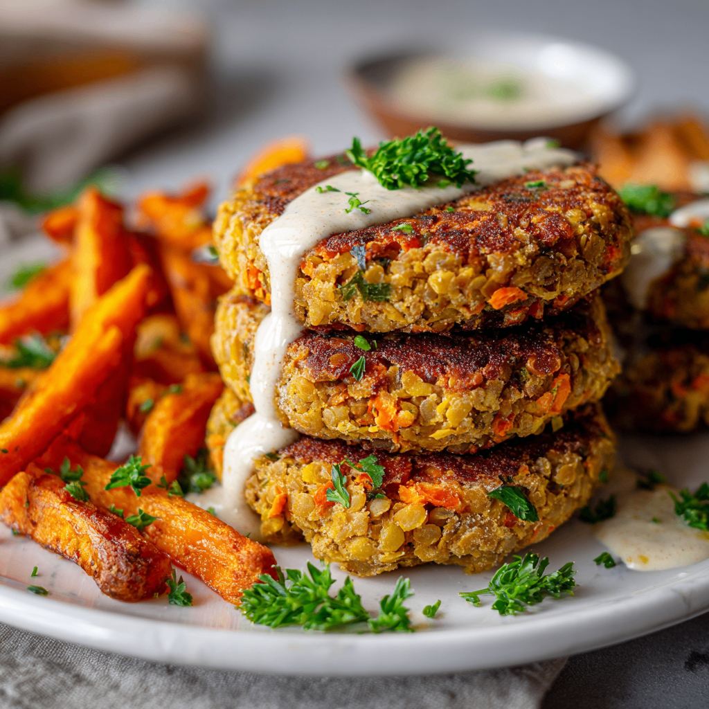 Hearty lentil burgers made with green lentils and spices, served with fresh greens and avocado.