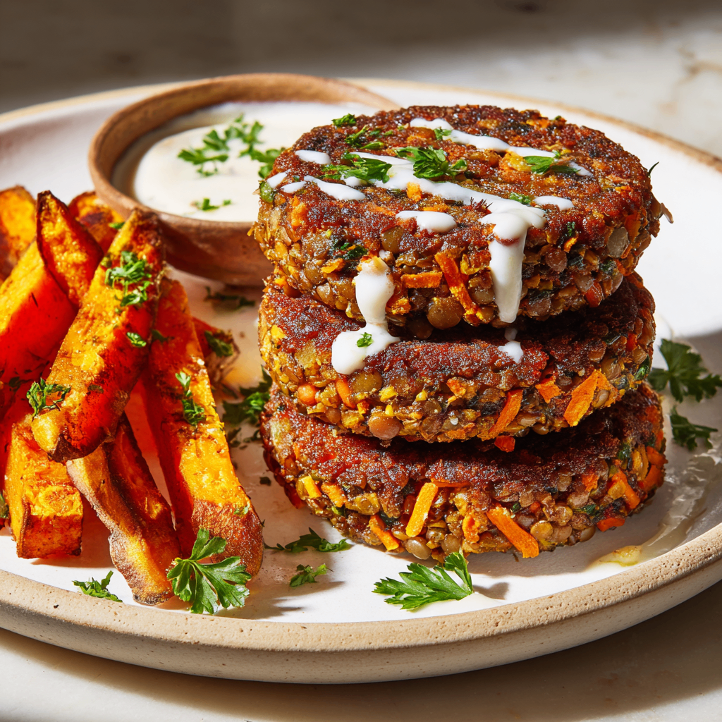 Hearty lentil burgers made with green lentils and spices, served with fresh greens and avocado.