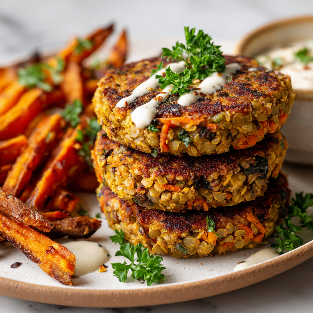 Hearty lentil burgers made with green lentils and spices, served with fresh greens and avocado.