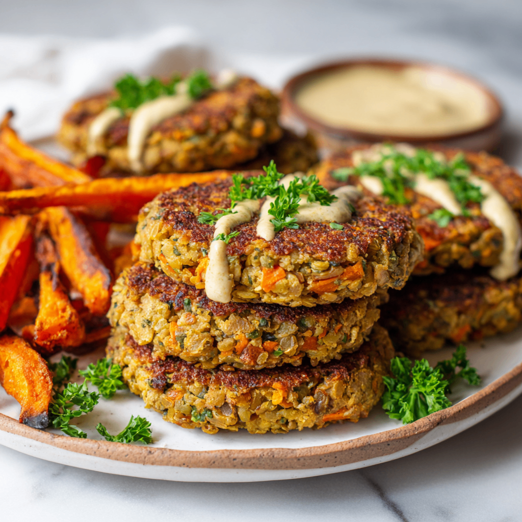 Hearty lentil burgers made with green lentils and spices, served with fresh greens and avocado.