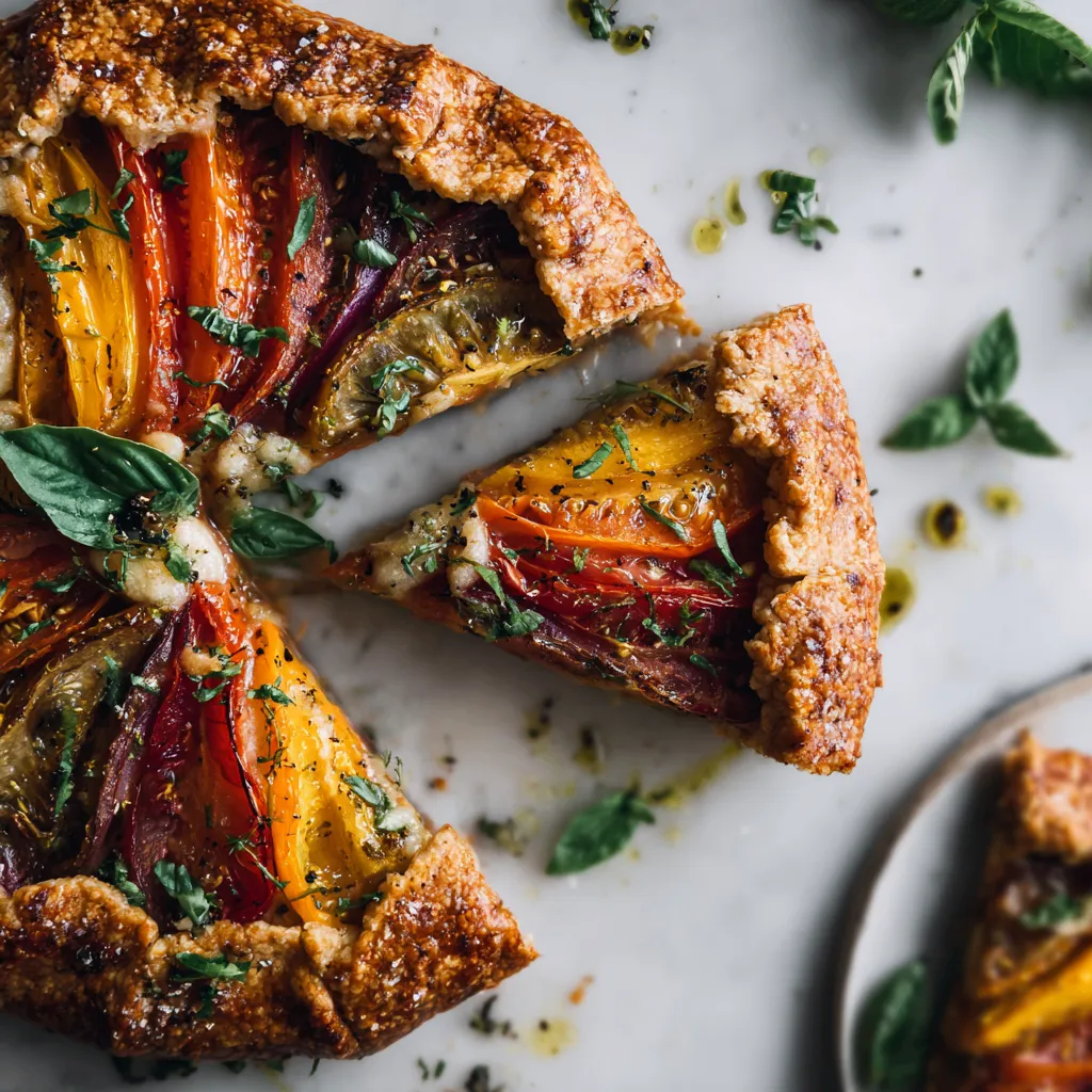 Heirloom tomato galette with tomatoes and cheese on golden crust, a rustic autumn dish ideal for sharing.