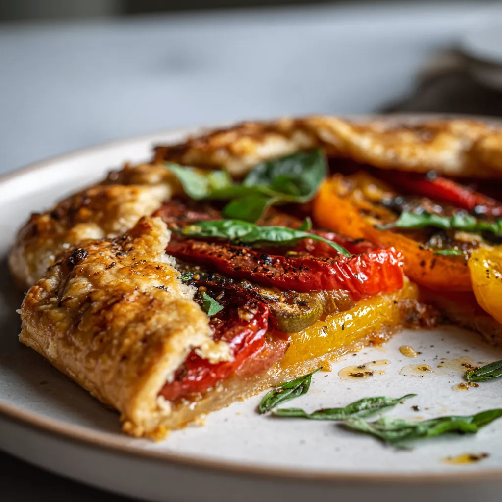 Heirloom tomato galette with tomatoes and cheese on golden crust, a rustic autumn dish ideal for sharing.