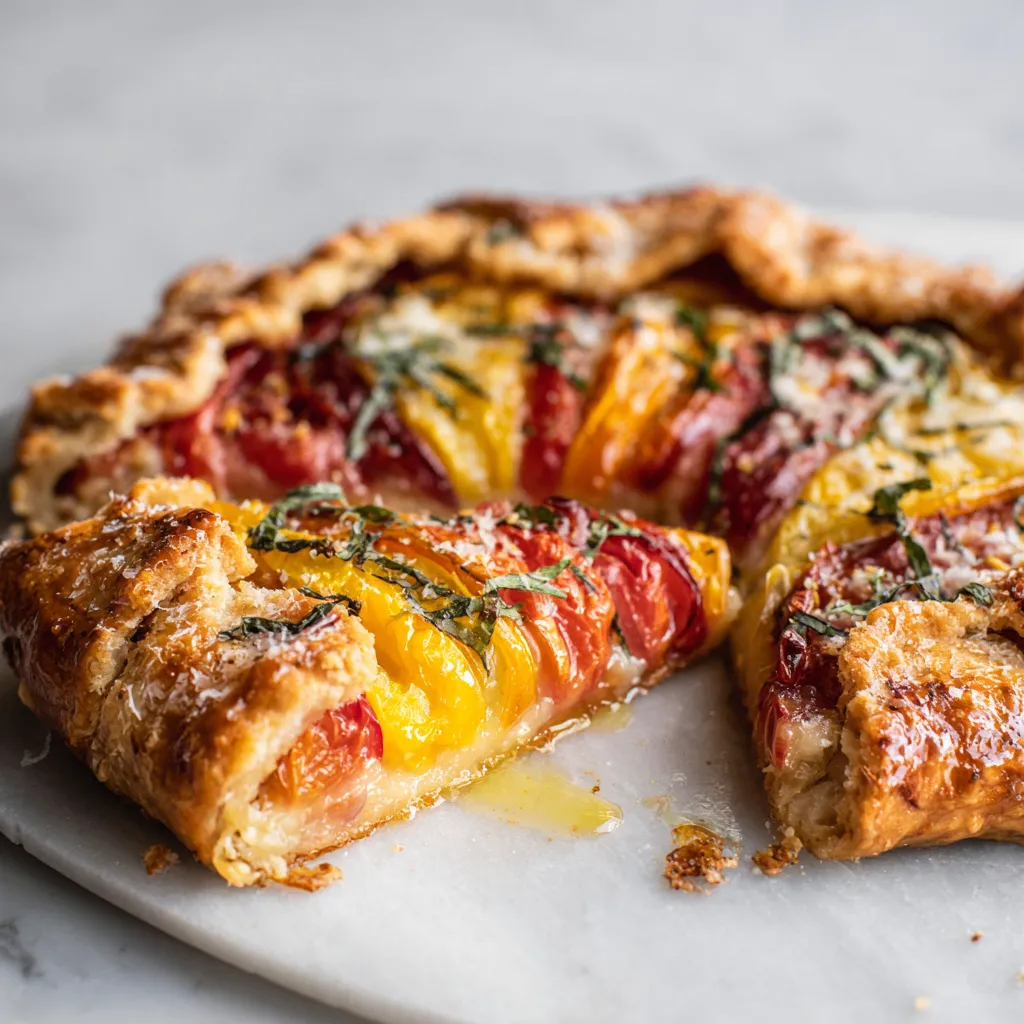 Heirloom tomato galette with tomatoes and cheese on golden crust, a rustic autumn dish ideal for sharing.