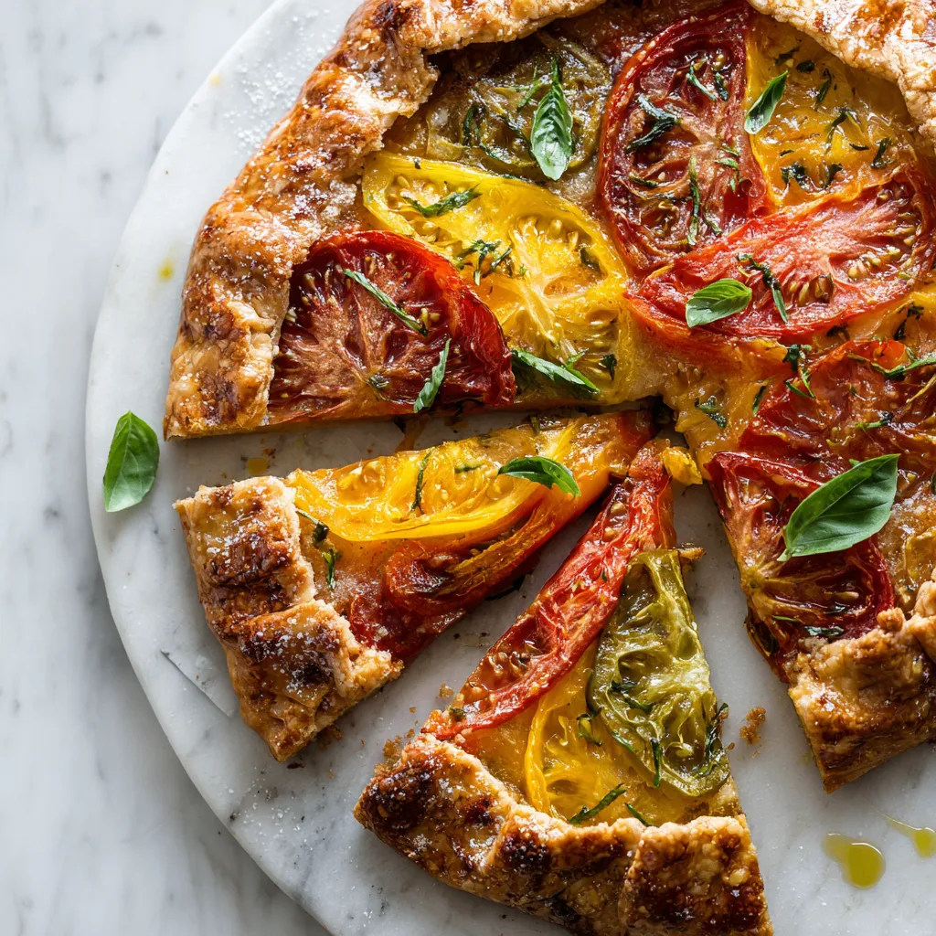 Heirloom tomato galette with tomatoes and cheese on golden crust, a rustic autumn dish ideal for sharing.