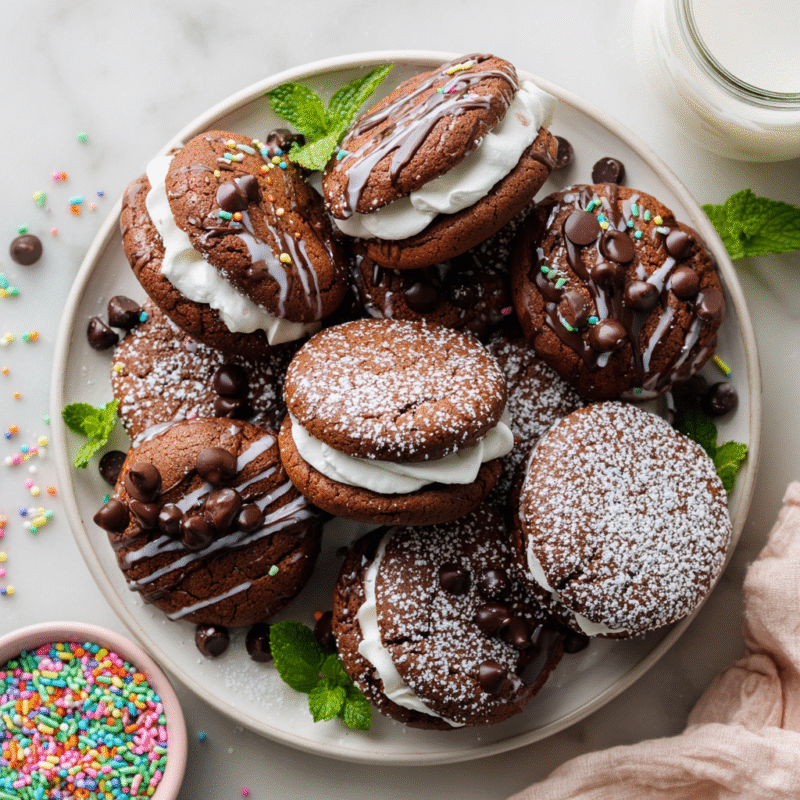 Hostess Cupcake Cookies with chocolate drizzle and marshmallow filling, easy recipe for nostalgic holidays