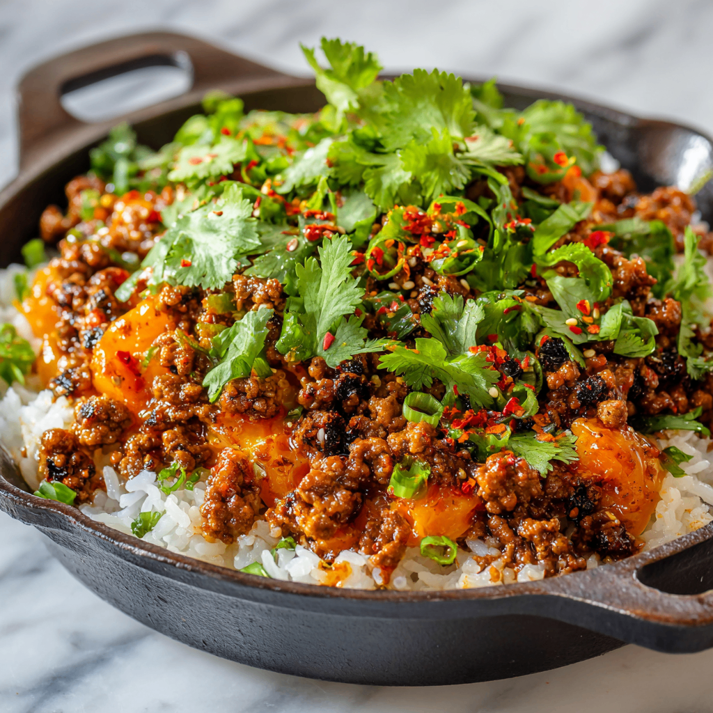 Hot Honey Ground Beef Bowl with spicy-sweet flavors and rich textures, perfect for quick holiday meals.