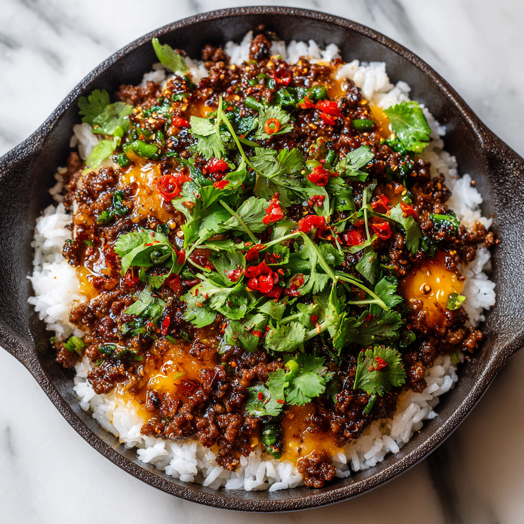 Hot Honey Ground Beef Bowl with spicy-sweet flavors and rich textures, perfect for quick holiday meals.