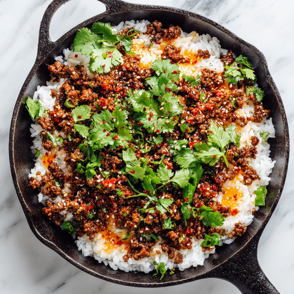 Hot Honey Ground Beef Bowl with spicy-sweet flavors and rich textures, perfect for quick holiday meals.