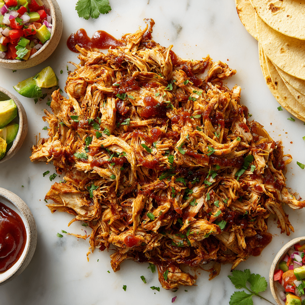 Juicy air fryer shredded chicken for tacos, salads, and meal prep, captured in a warm kitchen setting.