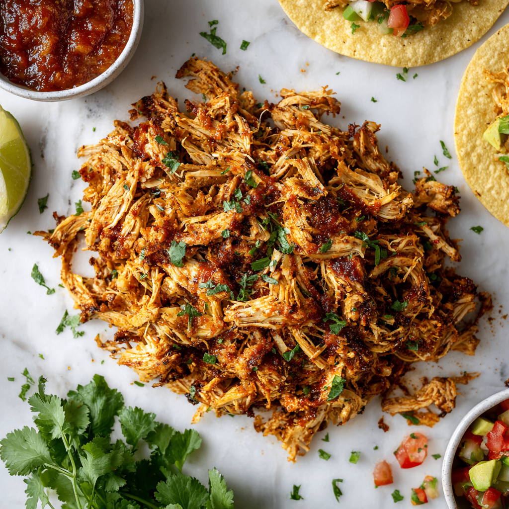 Juicy air fryer shredded chicken for tacos, salads, and meal prep, captured in a warm kitchen setting.