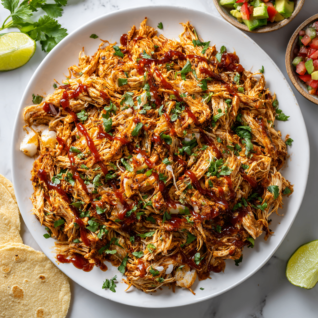 Juicy air fryer shredded chicken for tacos, salads, and meal prep, captured in a warm kitchen setting.